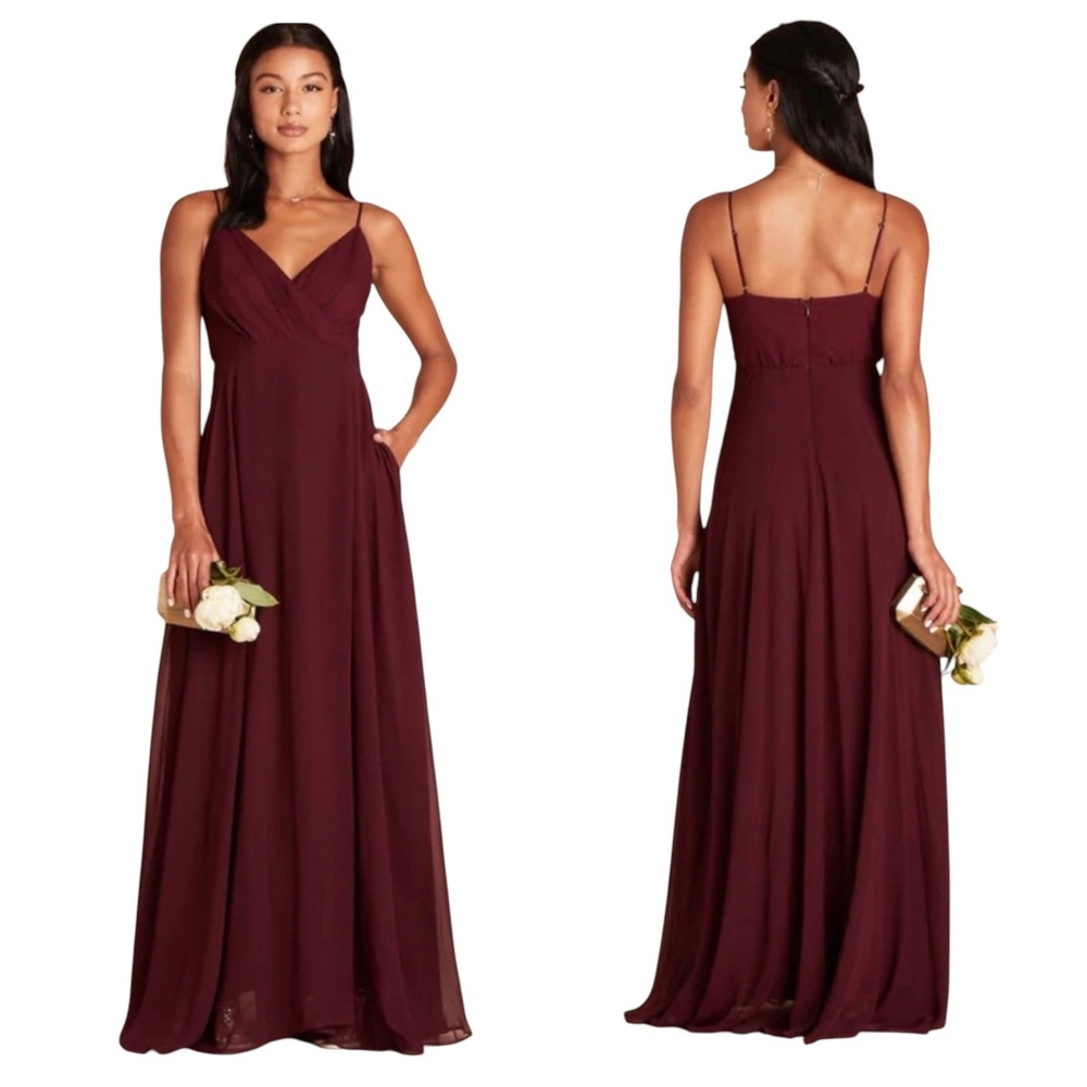 Birdy Grey Maxi Dress Women M Kaia V-Neck Burgundy Chiffon Pocket Flowy Guest